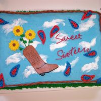 Cowboy Boot Cake Bc frosting clouds & grass w/ fondant boot, rope, & paisleys