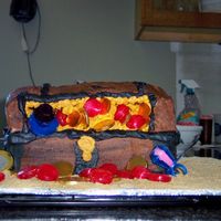 Treasure Chest Bc icing & borders foil wraped choc. coins & ringpops crushed gramcracker sand ricecrispie treat lid w/ bc