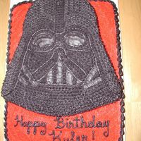 Darth Vader This was a cake for my son. The bottom cake is an 11x15 frosted in red BC and covered in red sugar sprinkles. The top cake is a shape pan...