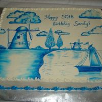 Delft Blue Cake This is a scratch WASC cake with raspberry filling, 11x15". Covered with buttercream and hand painted to look like the Delft Blue...