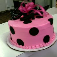 Pink With Black Dots Pink buttercream iced with black fondant dots. Made fabric bow and fondant high heel shoe for top.