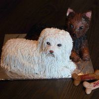 Dogs Birthday Cake All buttercream except the ears on the brown dog are gumpaste with buttercream piped onto the back. I used a fork and paintbrush to get...