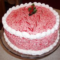 Peppermint Cake This is a peppermint cake with peppermint buttercream. Crushed candy canes on the side and two candy canes on top in the shape of a heart
