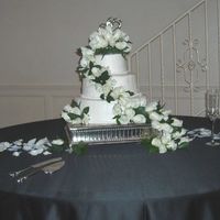 White Cake With White Roses-- Classic! For a friend's wedding. White cake, white buttercream, fresh roses cascading down the cake and rose petals sprinkled on the table. I...