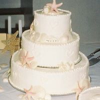 Seashore Wedding white chocolate, pearlized sea shells on a white chocolate iced cake of devils food.