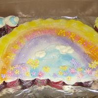 Rainbow Cupcake Cake 46 cupcakes iced with cream cheese icing and using Color sprays. Also some MMF accents. Lady loved it and gave me a $10 tip!