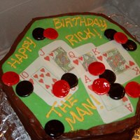Poker Table Cake German Chocolate Cake, BC icibg. Cards are edixle image prints. Poker chips are fondabt