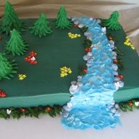 Nature Scene Engegament cake for two outdoor lovers. 1/2 sheet, white chocolate cake, raspberry cream cheese mousse filling & cream cheese icing....