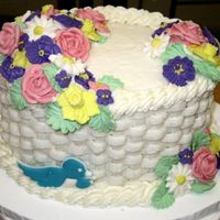 Flower Basket Cake from cake class... my first basket weave cake with my first royal icing flowers and bird... it was a lot of fun!