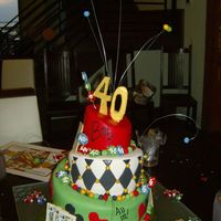 Poker Cake Fondant with gumpaste decorations. Got some winkles on the bottom after I moved it but was able to eventually cover with more decorations....