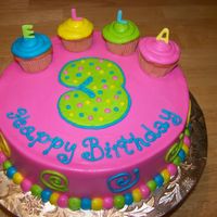 Ella's 3Rd Birthday This is a 9 inch single layer with 4 mini cupcakes. Name is fondant, everything else is BC. The mom ask for something girly and colorful so...