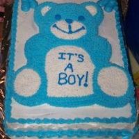 Boy Babyshower Bear shaped pan on a 11 X 15 sheet cake. BC icing.