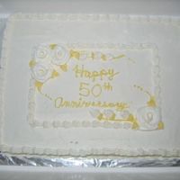 50Th Wedding Anniversary 11 x 15 cake with white BC roses, golden leaves, vines and lettering.