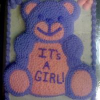 Girl Babyshower Bear shaped pan on a 11 X 15 sheet cake. BC icing