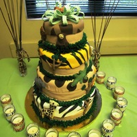Safari Baby Shower fondant covered cake with fondant accents for my cousin's baby shower made from pic of a cake she saw. I added a molded fondant baby...