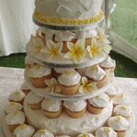 Cup Cake And Round Cake Combination Madiera cup cakes, chocolate and carrot round cakes, iced with vienna cream with handmade flowers and silver cachous