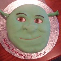 Shrek Cake Chocolate cake. Used offcuts to pad up certain areas, crumb coated to seal and covered with green fondant