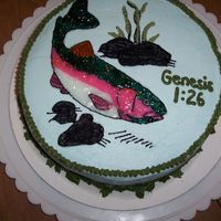 Opening Day (Fishing) Buttercream frosting (lemon flavored). Transfer to the cake with piping gel...and then outline in black buttercream...Rainbow trout filled...