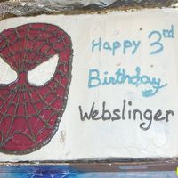 Webslinger Cake Here's a pic of my son's 3rd Birthday cake. Hopefully you can tell it's Spiderman. Chocolate 9x13 glued to a Yellow 9x13 (...