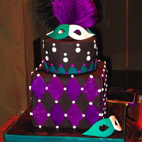 Masquerade Party Cake All fondant, gum paste masks, real feathers. The white on the masks and the white dots on the top tier were sparkly. Sugar & edible...