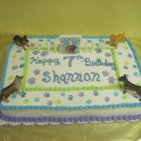 Puppy Paws 1/2 yellow, 1/2 chocolate with BC icing. Colors matched to candle/napkins. Paw prints with #5(?) round tip. Purchased dogs at local dollar...