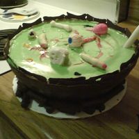 Witch's Brew chocolate glazed cake baked in a metal bowl. Gum paste body parts, royal icing brew, chocolate covered pretzels as wood, and chocolate bone...