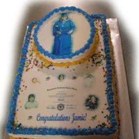 Graduation Cake 1/2 sheet with angled 8"round on top - buttercream icing and edible images.