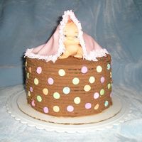 Baby Blanket Chocolate ganache, vinyl baby, fondant blanket with royal accents, and Wilton's Jumbo Confetti for the circles on the polkadots . For...