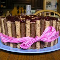Pirouette Cake Chocolate cake with chocolate hazelnut bc, topped with cherry filling. Hazelnut and Chocolate Pirouttes surrounding cake. Thanks for the...