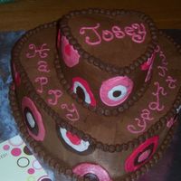 Birthday/valentines Cake Chocolate cake with chocolate BC icing. Made to match the invitations for a little girls heart b-day party (right around valentines day).