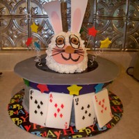 It's Magic! 10" 3-layer chocolate cake with buttercream frosting and MMF accents. The bunny is cereal treat and buttercream frosting. The ears are...