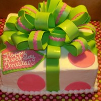 Pink And Green Bow Cake 9" square cake with bc frosting, gumpast bow, fondant ribbon and dots. This is my first bow and had lots of lessons learned, but am...