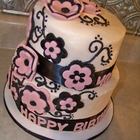 40Th! 8" white and 6" strawberry cakes with buttercream frosting, fondant flowers and letters, and black slik ribbon.