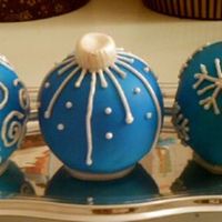 Christmas Ornament Made in ball pan, two halves sandwiched together with bc and then covered in fondant. Details in RI.