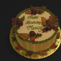 Fall Leaves Banana cake with creamy nut filling and butternut SMBC. Leaves fondant, acorns candy clay. First attempt at wafer paper butterfly- all hand...