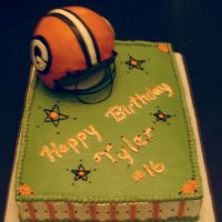 Helmet- Hs Football 11x15 sheet cake-1/2 choc sour cream w/ choc fudge filling, 1/2 WASC w/ vanilla almond SMBC. Helmet from 6"sports ball pan- carved in...