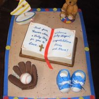 Logan's Toys 11x15 triple layer choc. marble cake with cream cheese & fresh strawberry filling, choc. chunk SMBC icing. Sail boat & booties &...