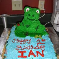 Frog On A Lily Pad On A Pond This was for my son's 1st b-day! 11 x 15 cake, used 3D bear pan for frog, used fruit roll up and cut out to make seaweed and uses...
