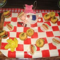 Picnic Table Cake This was for a picnic/bbq themed party. Everything got kind of mushy and saggy due to the super humid weather. Fondant decorations and...