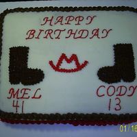 Cowboy Rockin' M Ranch Red Velvet with crusting cream cheese icing. Made for a father and son. They own the "Rockin' M" ranch.