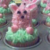 Easter Bunny Cupcakes. I made these for my daughters class. They are mini cupcakes with buttercream icing. The middle of the bunny is a rainblow egg.