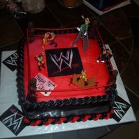 Wwe Chocolate cake with chocolate filling covered in MMF airbrushed black and red. Poles are solid chocolate, licorice strings, and toy WWE...