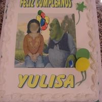 Shrek Edible image. Cropped a little girl's photo to appear that she is sitting on Shrek's lap!