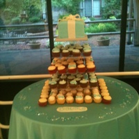 Tiffany Blue Cake And Cupcake Tower Gift box cake accompanied by 100 cupcakes in 3 flavors.