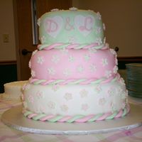 Latta Wedding Shower Oval chocolate butter cake with buttercream icing, covered in green,pink and white fondant, with gumpaste flowers. This is my first tiered...