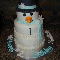Maddie's 2Nd Birthday Snowman I got the idea from a holiday cake on CC. We did a winter theme since her birthday is in December. Chocolate cake with raspberry cream...