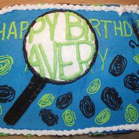 Spy Theme Cake Spy theme cake for my son's 7th birthday. Features magnifying glass, fingerprints and a mystery. Someone snuck in, ate the end of the...