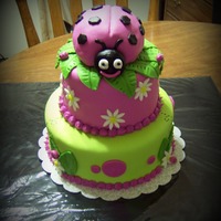 Lady Bug Bottom tier pumpkin spice with cream cheese filling, top tier chocolate with BC. All covered in MMF. Ladybug is RKT covered in MMF. Thanks...