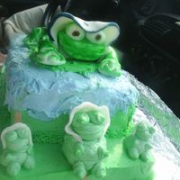 Frog Baby Shower Cake the little frogs in front are made from icing and the big frog on top is made from fondant.