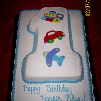 First Birthday Two cakes stacked iced in all buttercream. Pictures piped in buttercream and smoothed out using a high density foam roller.